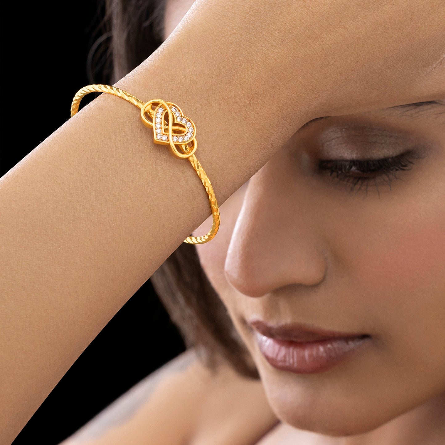 INFINITY Golden Crystal Heart Bangle Bracelet (Adjustable Size)