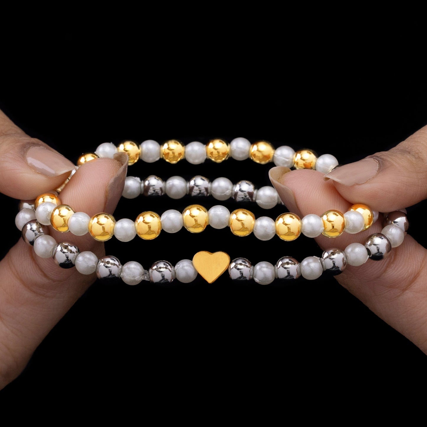 Duo of Stretchable Bracelets with Pearl & Heart Charm