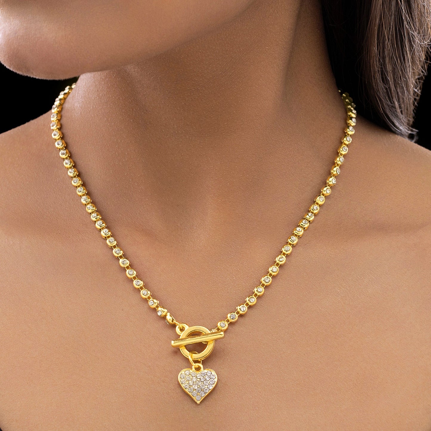 AD-Studded Heart Charm Necklace with T-Lock