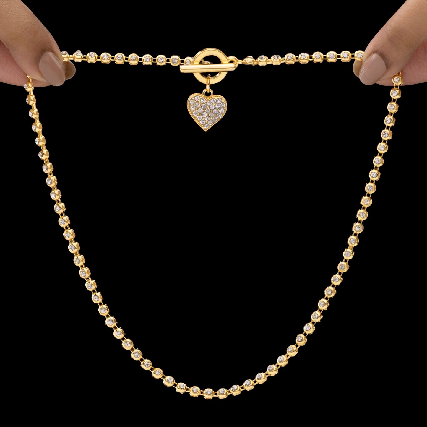 AD-Studded Heart Charm Necklace with T-Lock