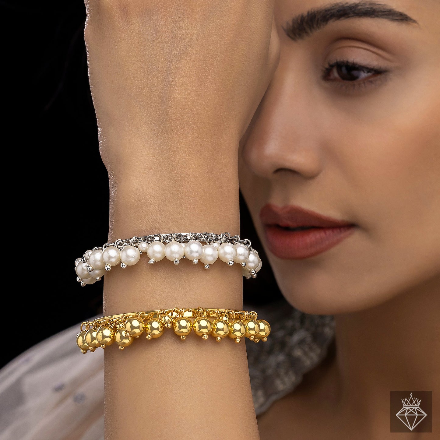 Golden & Pearl Bangle Bracelets Set (Adjustable Size)