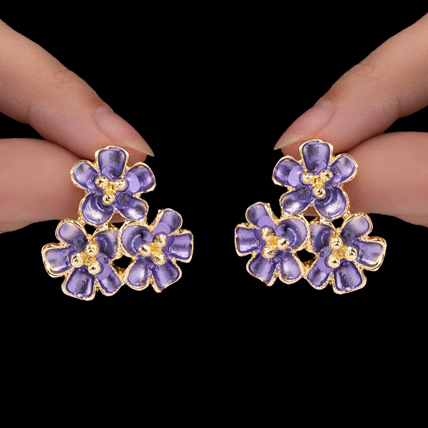 Purple Enamel Bunch of Flowers Statement Earrings