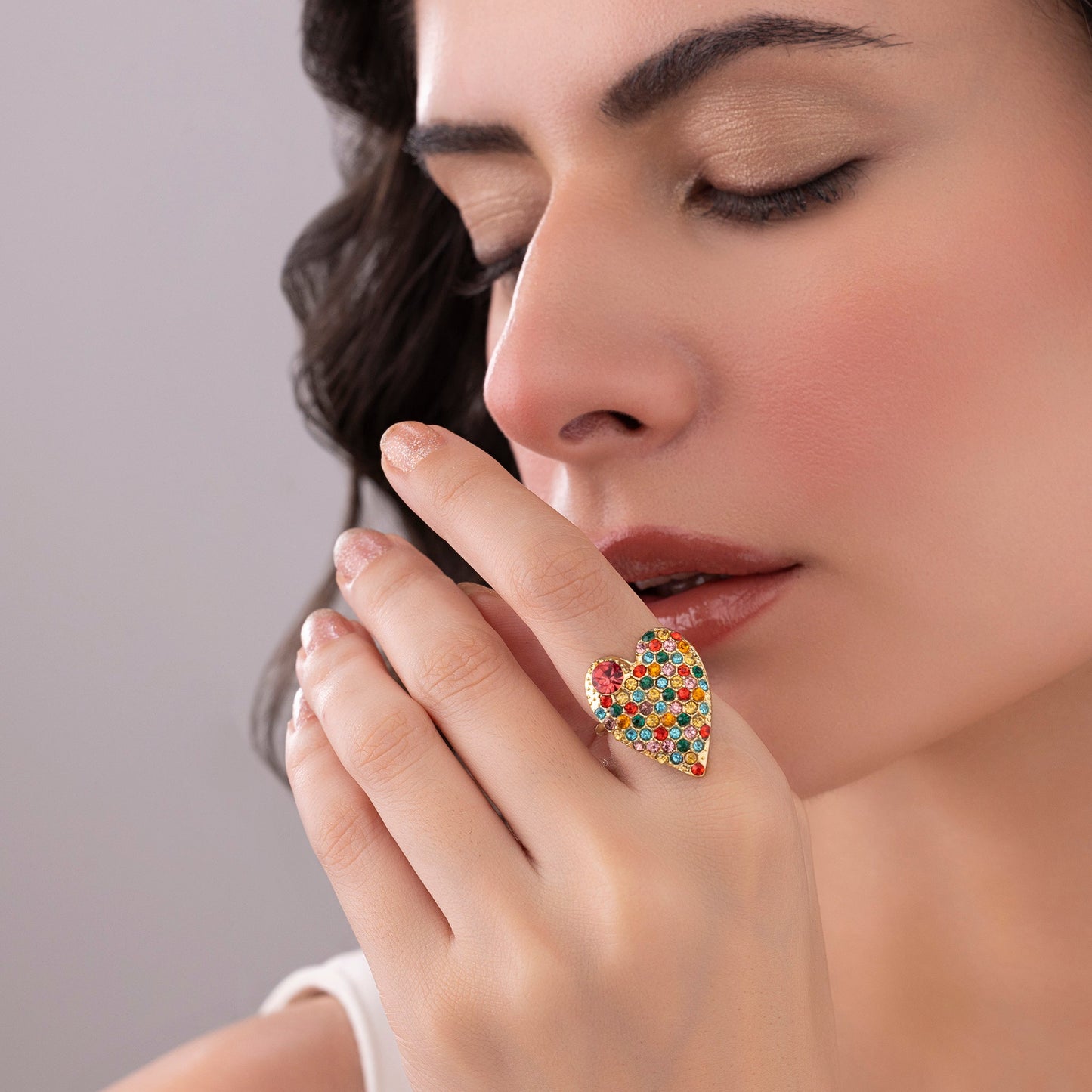 Multi-Color Crystal Studded Heart-Shaped Ring