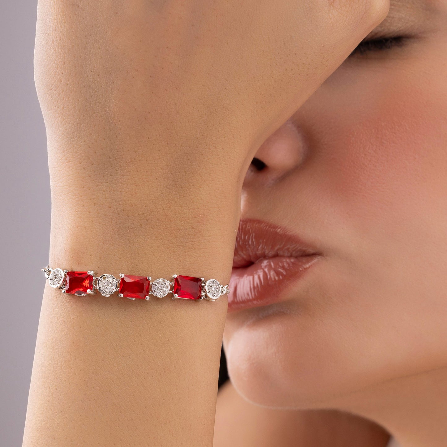 Ruby Red Crystals Bracelet with AD Stones (Adjustable Size)