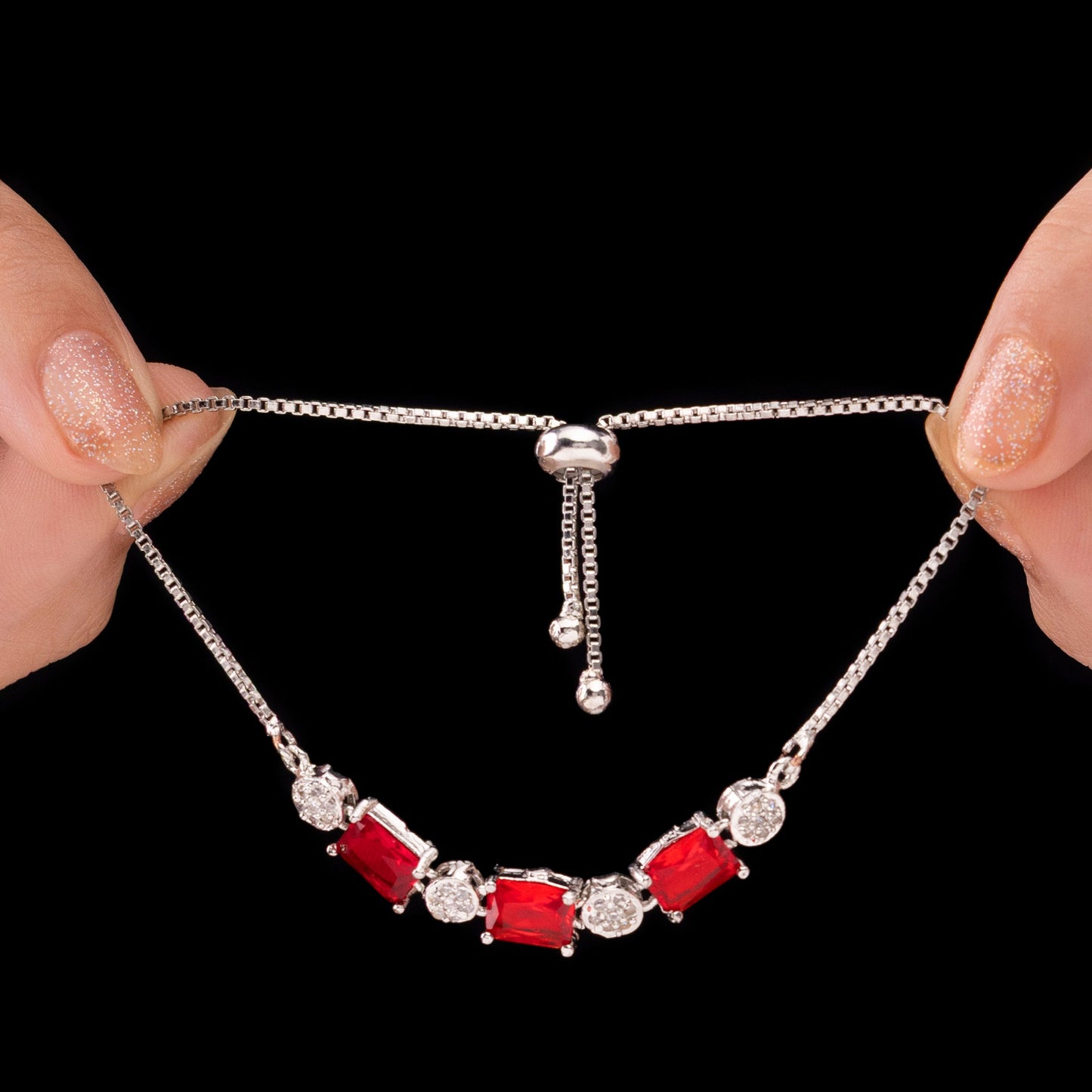 Ruby Red Crystals Bracelet with AD Stones (Adjustable Size)