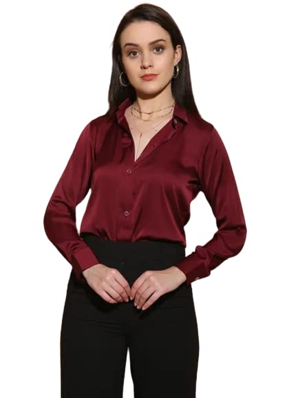 Bowrain Satin Silk Fabric Spread Collar Full Sleeve Top