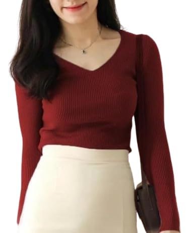 Casual Full Sleeve V Neck Ribbed Top for Girls