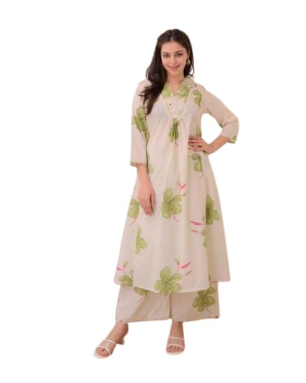 Ivory Green Floral Rayon A LINE Kurta Palazzo Set