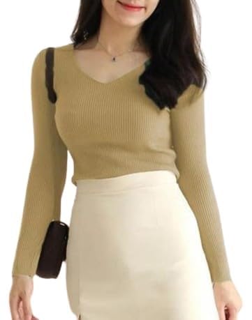 Casual Full Sleeve V Neck Ribbed Top for Girls