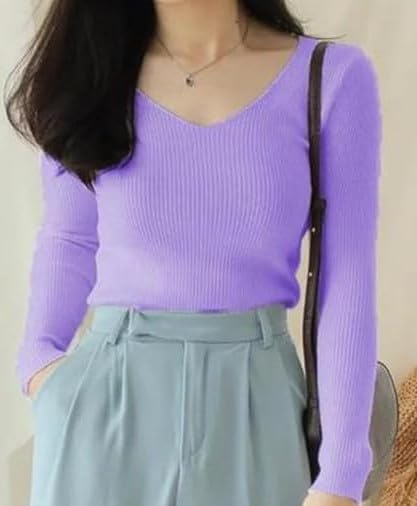 Casual Full Sleeve V Neck Ribbed Top for Girls