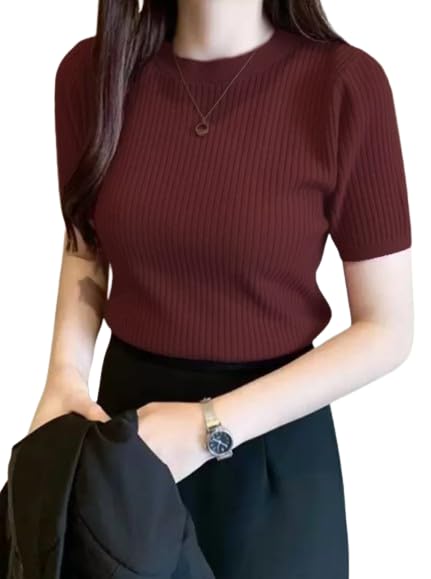BQF Plain Round Neck Rib Knit Regular Top for Women