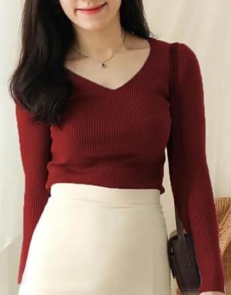 Casual Full Sleeve V Neck Ribbed Top for Girls