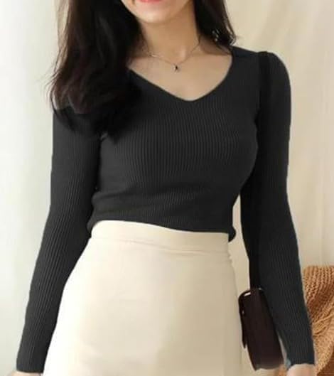 Casual Full Sleeve V Neck Ribbed Top for Girls