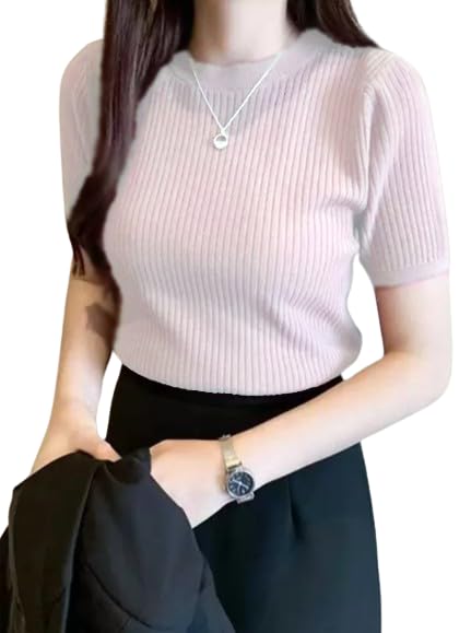 BQF Plain Round Neck Rib Knit Regular Top for Women