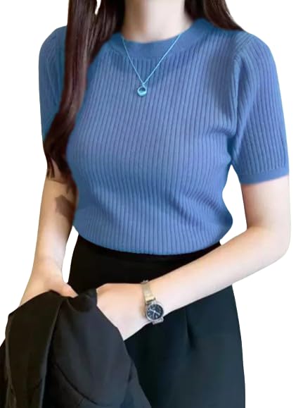BQF Plain Round Neck Rib Knit Regular Top for Women