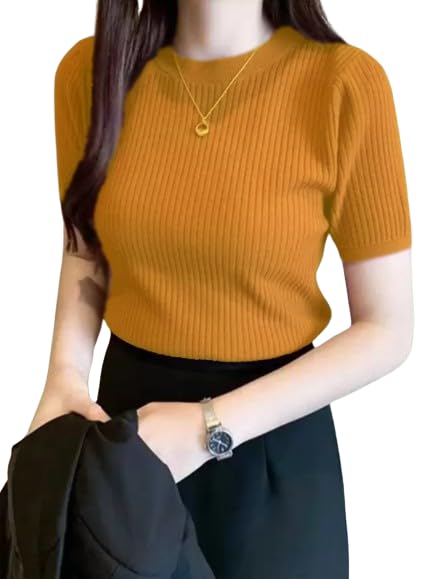 BQF Plain Round Neck Rib Knit Regular Top for Women