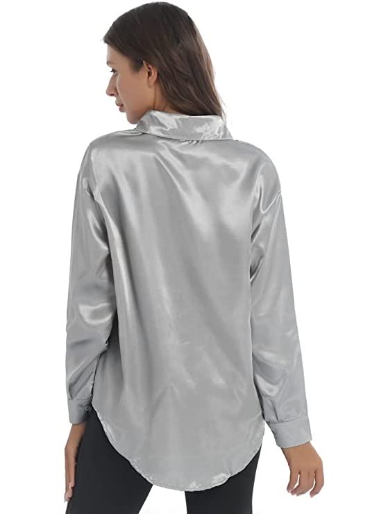 Bowrain Satin Silk Fabric Spread Collar Full Sleeve Top