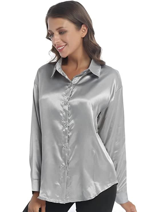 Bowrain Satin Silk Fabric Spread Collar Full Sleeve Top