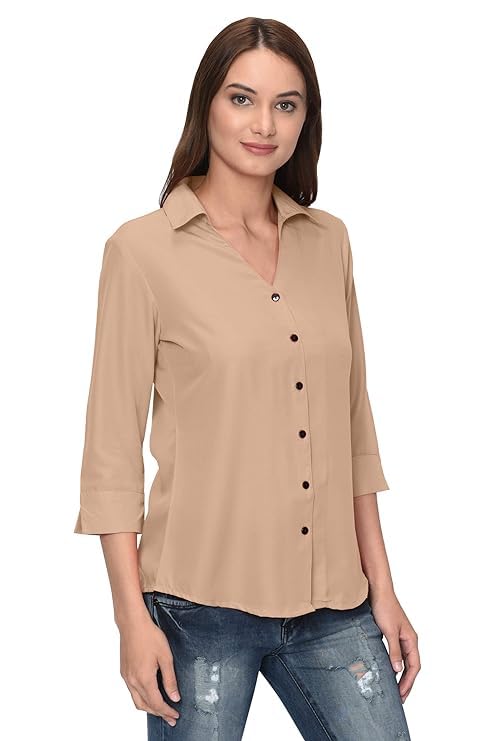 KBNBJ Women’s Regular Fit Solid V-Collared Casual Shirt