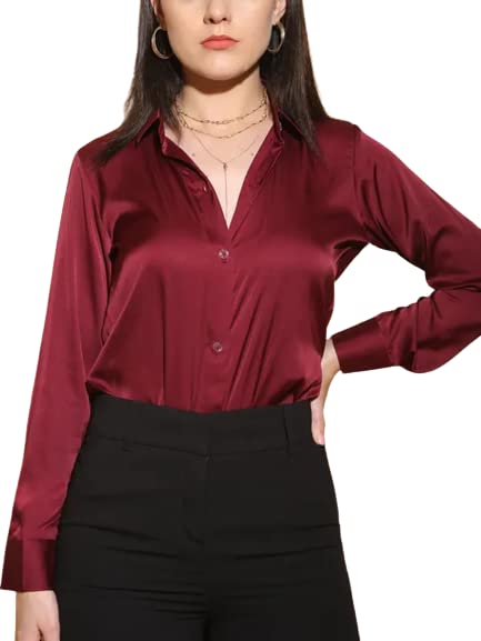 Bowrain Satin Silk Fabric Spread Collar Full Sleeve Top