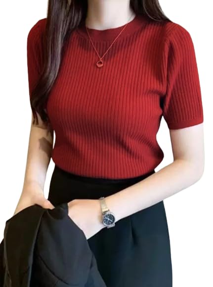 BQF Plain Round Neck Rib Knit Regular Top for Women