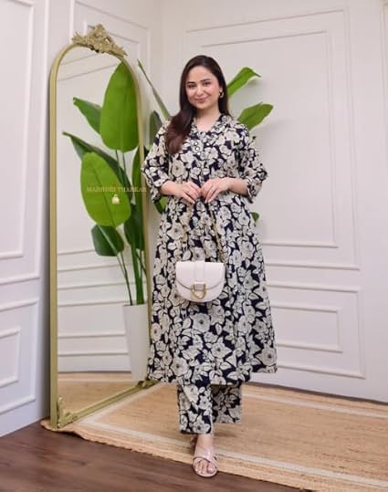 Ivory Green Floral Rayon A LINE Kurta Palazzo Set