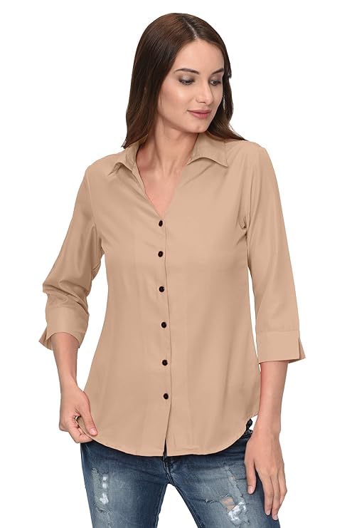 KBNBJ Women’s Regular Fit Solid V-Collared Casual Shirt