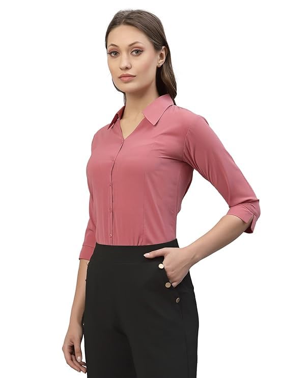 KBNBJ Women’s Regular Fit Solid V-Collared Casual Shirt