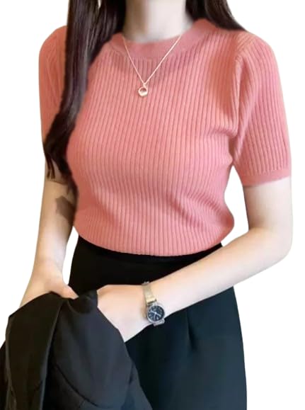 BQF Plain Round Neck Rib Knit Regular Top for Women