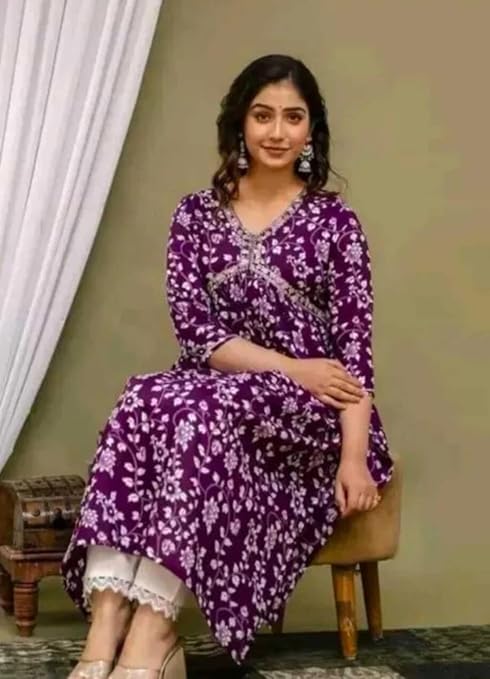 Women's Floral Print Rayon Kurta Set with Lace Pants