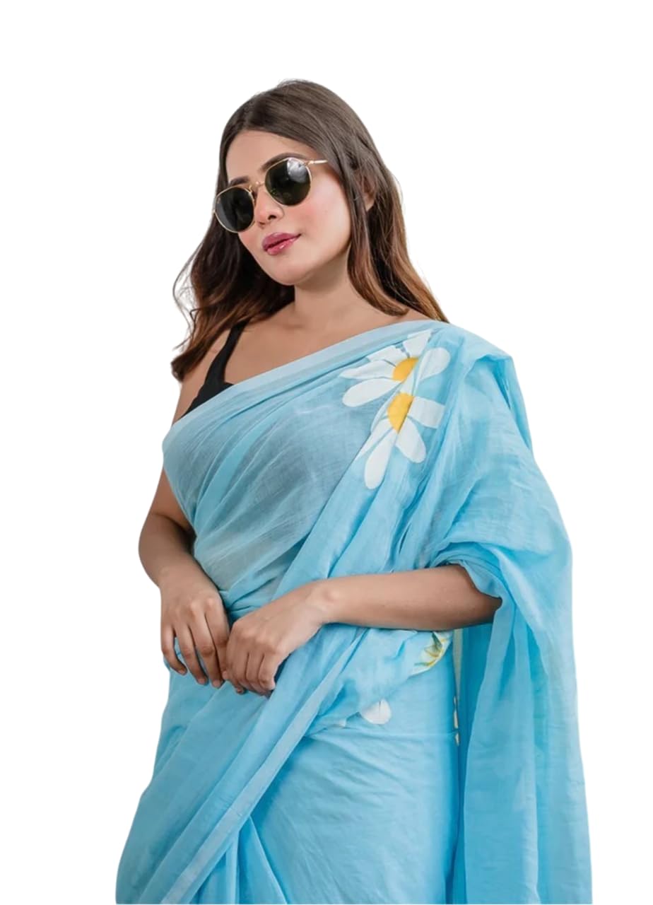 Linen Saree with White Daisy Floral Print, With Blouse
