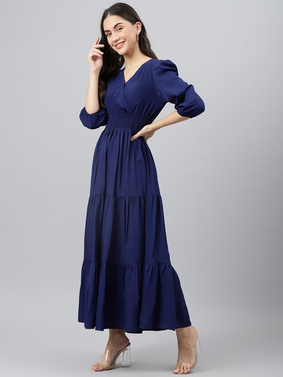DEEBACO Women's Fit & Flare Maxi Dress|V-Neck|Full Length Long Dresses for Women|A-Line Dress|Stylish for Ladies|Beach Dress for Women