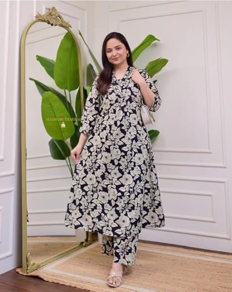Ivory Green Floral Rayon A LINE Kurta Palazzo Set