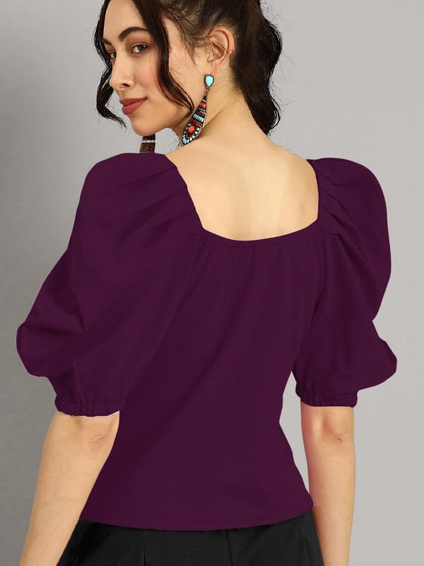 Dream Beauty Fashion Women's Puff/Baloon Sleeves V-Neck Casual Top (Top-MG-1)