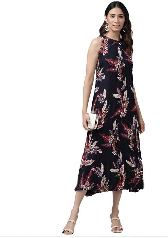Yash Gallery Women's Rayon Crepe Floral Printed Knee-Length A-Line Dress for Women