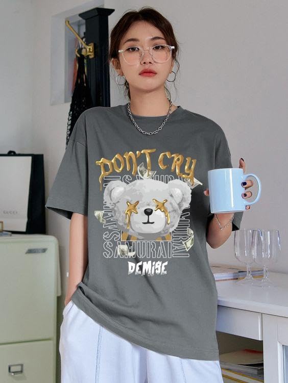 CHKOKKO Women's Polyester Oversized Fit Oversized Round Neck Drop Shoulder Printed T-Shirt