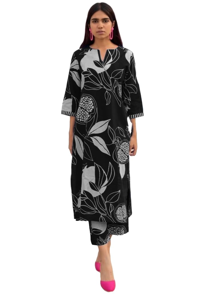 Women's Cotton Blend Straight Printed Kurta with Pant