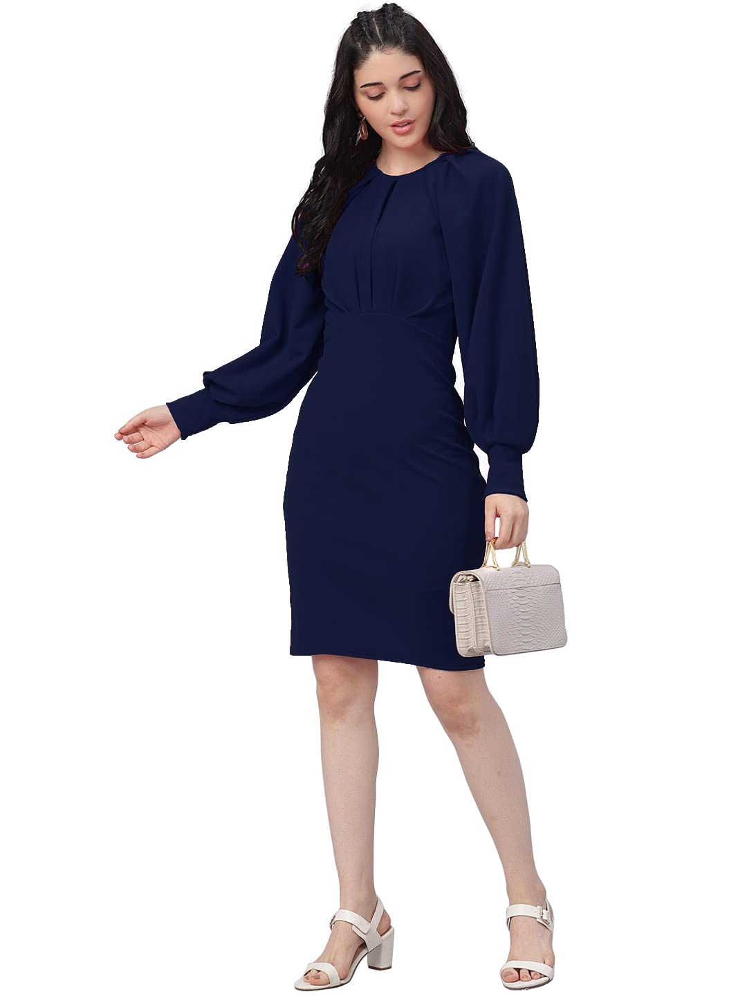 Shasmi Women's Comfortable Mustard Round Neck Full Sleeve Solid Midi Bodycon Casual Western Stylish Dress