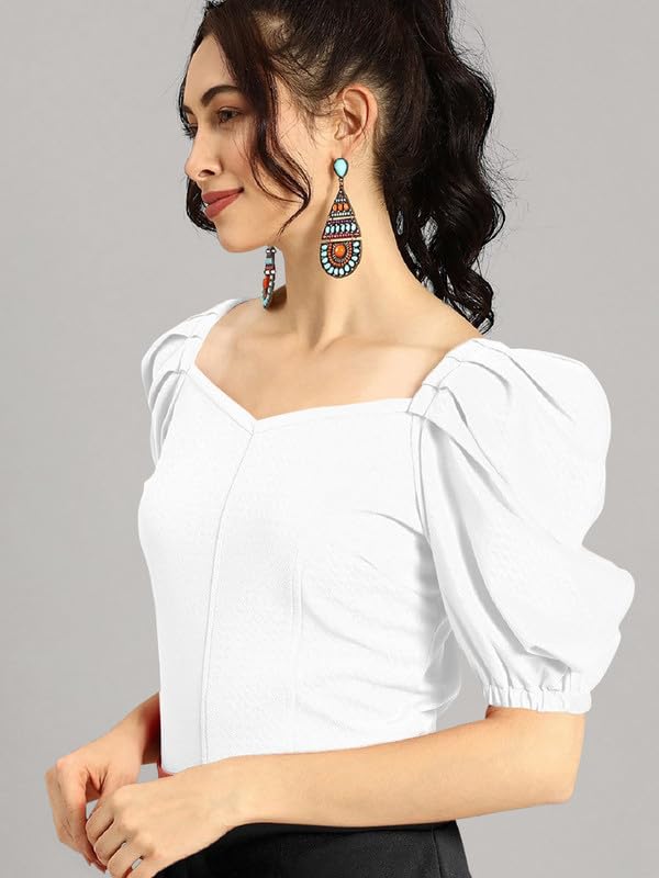 Dream Beauty Fashion Women's Puff/Baloon Sleeves V-Neck Casual Top (Top-MG-1)