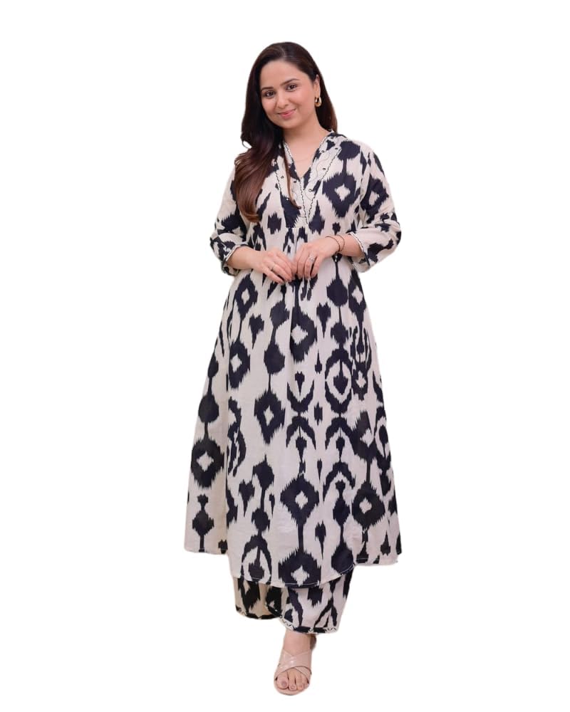 Ivory Green Floral Rayon A LINE Kurta Palazzo Set