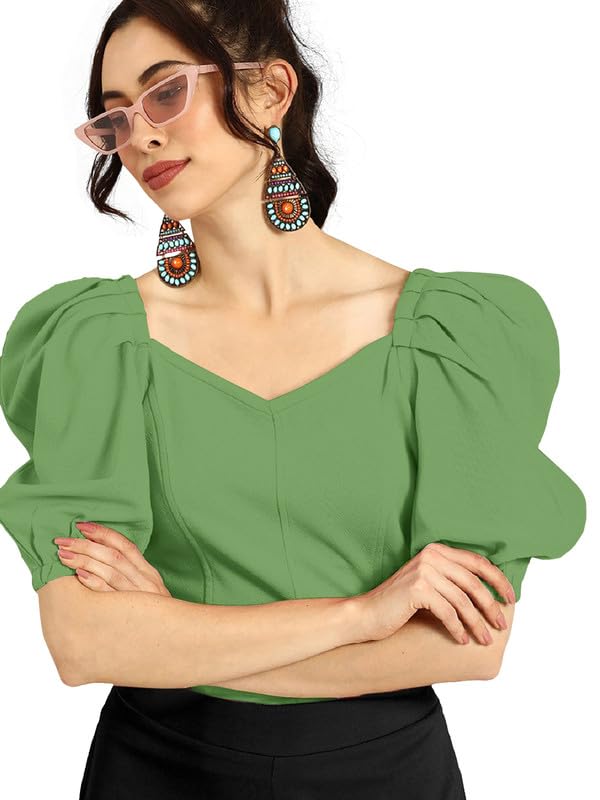 Dream Beauty Fashion Women's Puff/Baloon Sleeves V-Neck Casual Top (Top-MG-1)