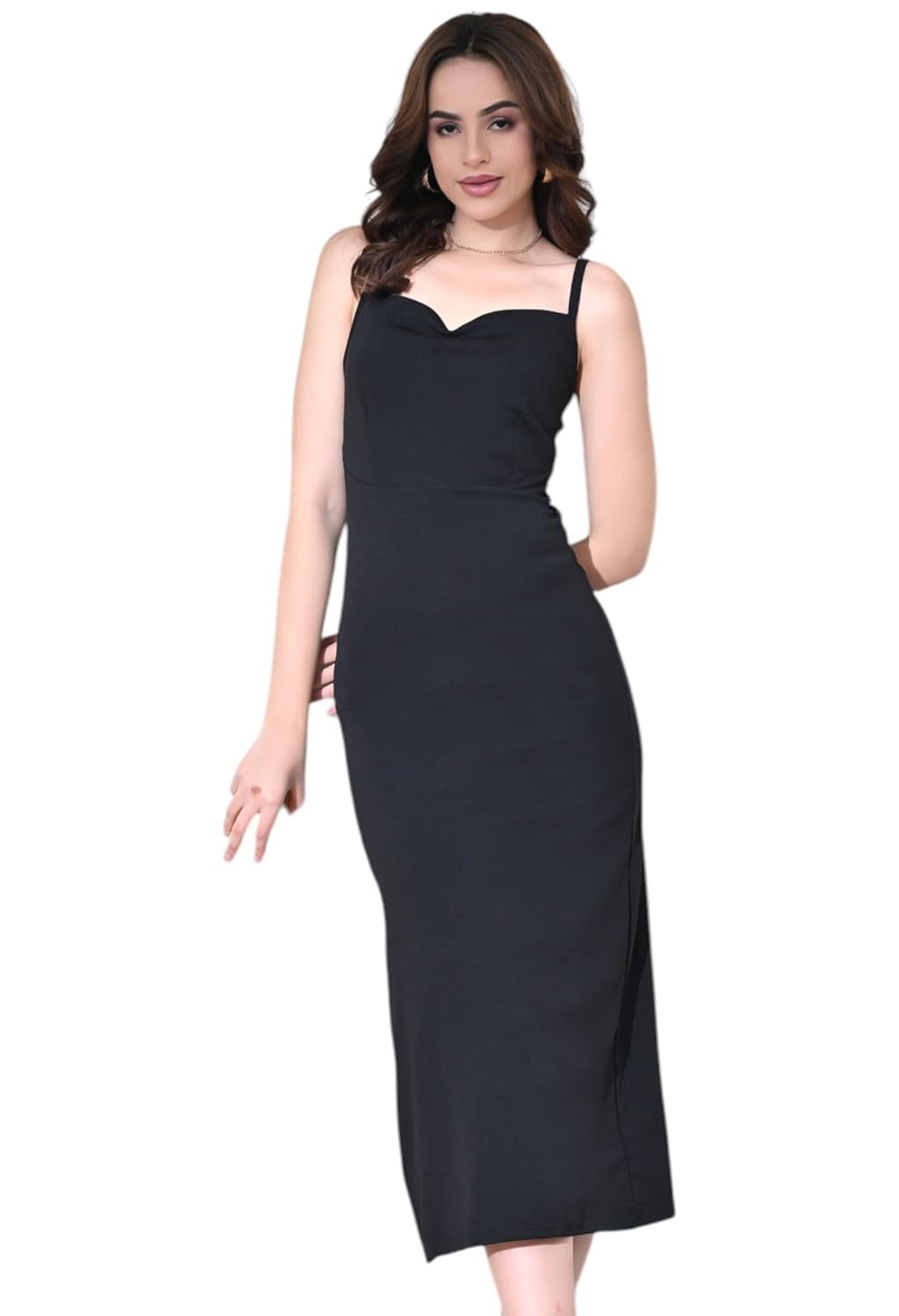 SAKSHI TRADER Women's Elegant Black Bodycon Midi Dress