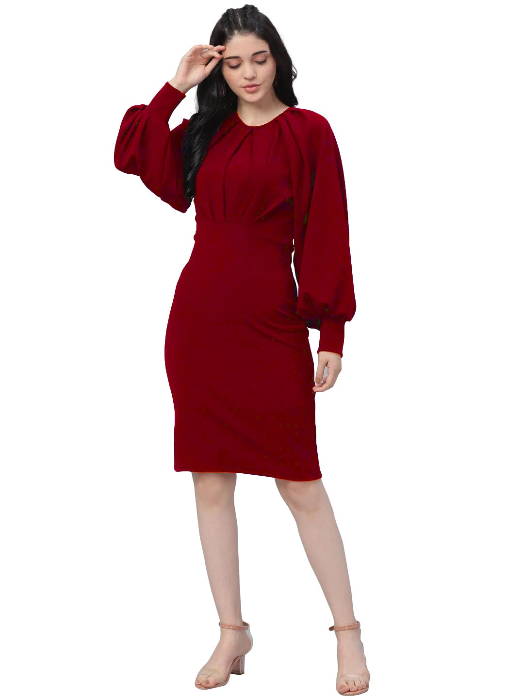 Shasmi Women's Comfortable Mustard Round Neck Full Sleeve Solid Midi Bodycon Casual Western Stylish Dress