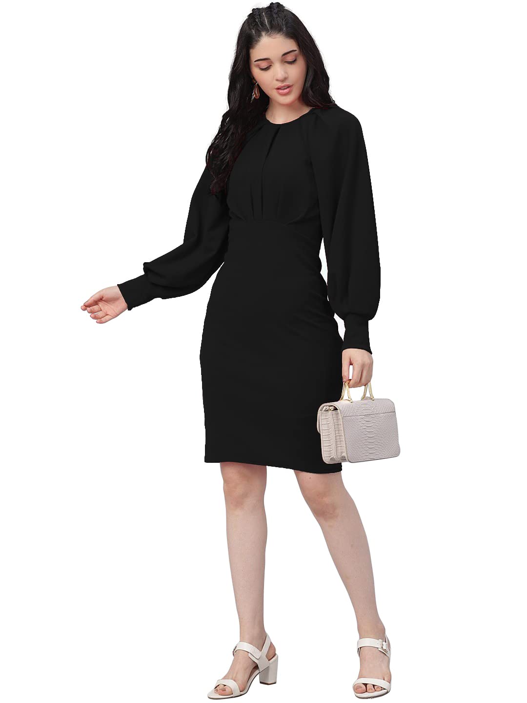 Shasmi Women's Comfortable Mustard Round Neck Full Sleeve Solid Midi Bodycon Casual Western Stylish Dress