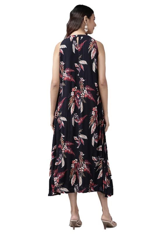 Yash Gallery Women's Rayon Crepe Floral Printed Knee-Length A-Line Dress for Women