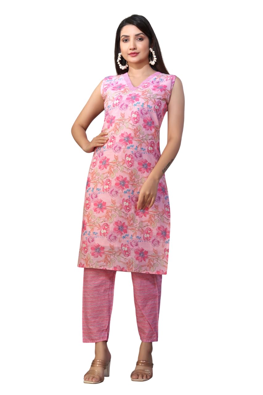 Varni Fabrics Floral Print Cotton Kurti, Sleeveless V-Neck