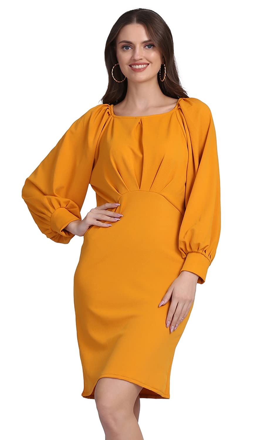 Shasmi Women's Comfortable Mustard Round Neck Full Sleeve Solid Midi Bodycon Casual Western Stylish Dress
