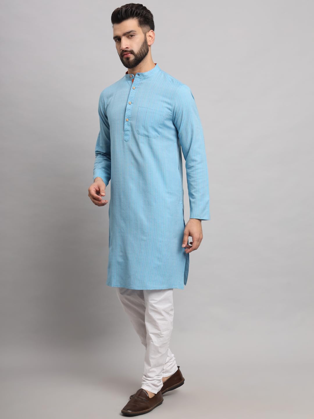 CHIKAN Men's Cotton Regular Striped Knee Lenght Kurta