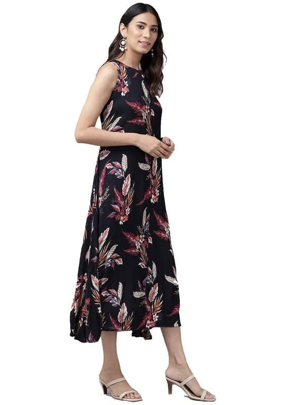 Yash Gallery Women's Rayon Crepe Floral Printed Knee-Length A-Line Dress for Women