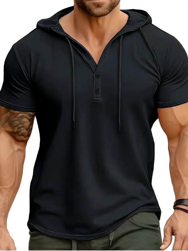 LLL FASHION Men's Slim-Fit Stretch Hooded Henley